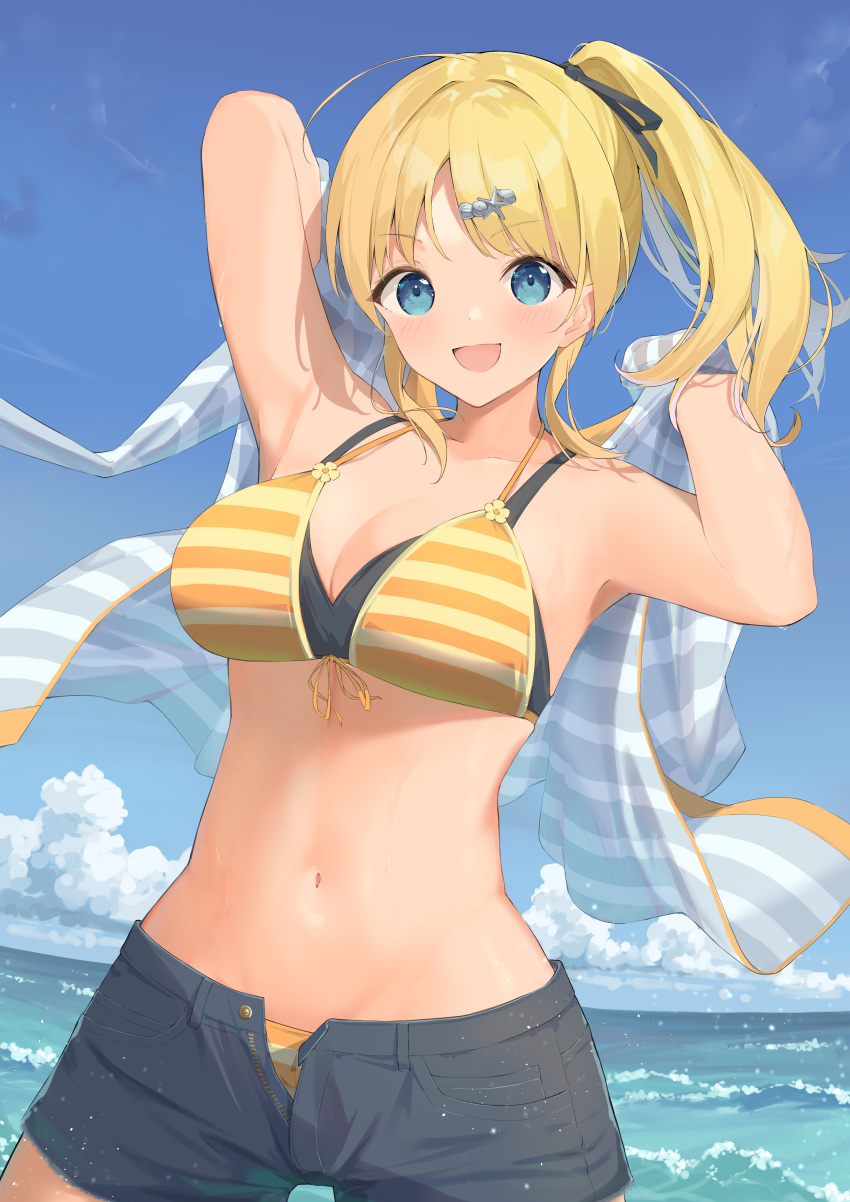 absurdres armpits arms_up bikini bikini_under_clothes black_shorts blonde_hair blue_eyes blue_skirt blush breasts cleavage cloud collarbone female hachimiya_meguru highres hotarihotaru idolmaster idolmaster_shiny_colors looking_at_viewer medium_breasts navel ocean outdoors shorts side_ponytail skirt smile solo striped_bikini striped_clothes swimsuit unzipped