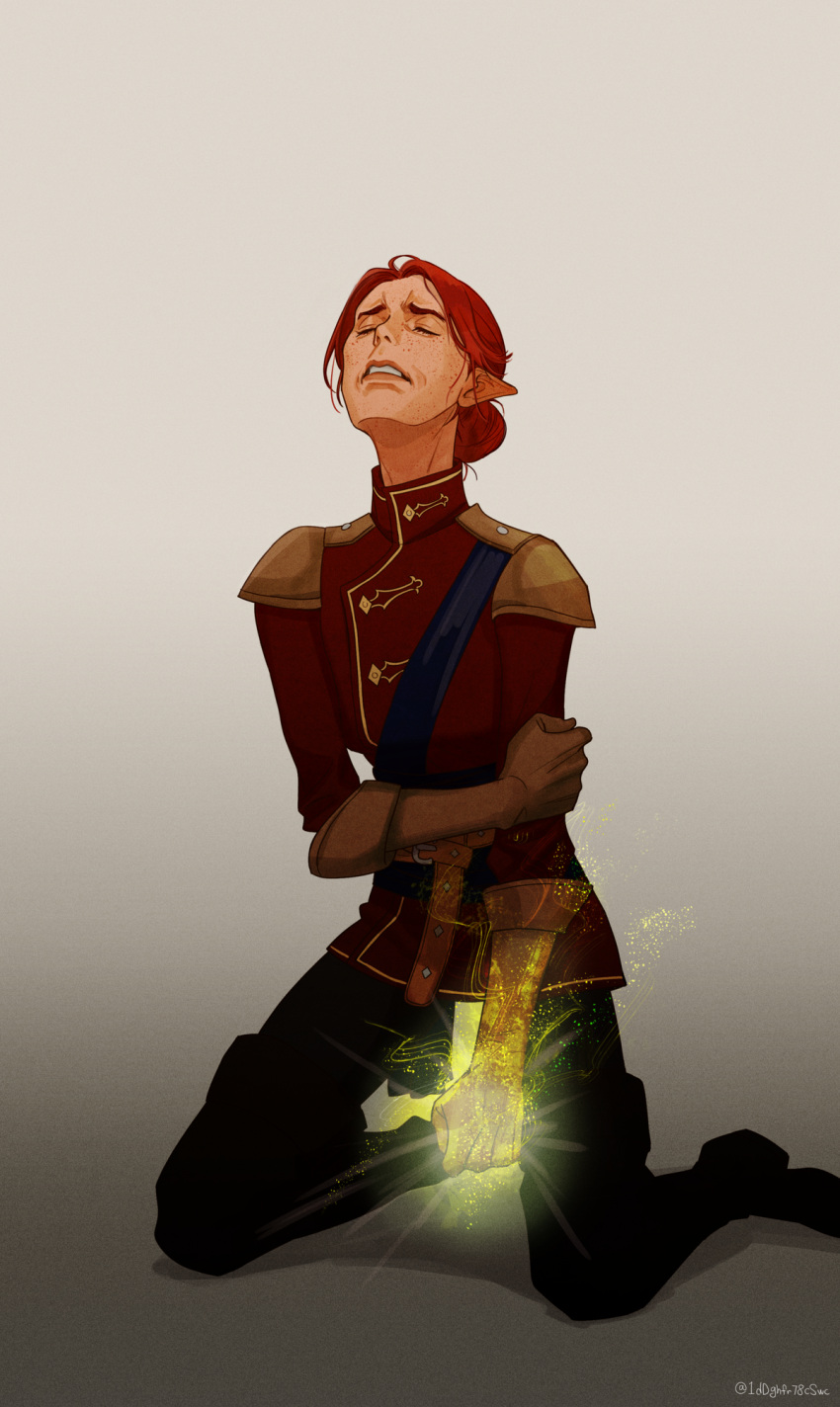 artist_name belt boots cheetahman_(1ddghfr78cswc) clenched_teeth closed_eyes dragon_age dragon_age:_inquisition elf female freckles gloves glowing hair_bun highres inquisitor_(dragon_age) kneeling pants pointy_ears red_hair sash shirt simple_background single_hair_bun solo teeth