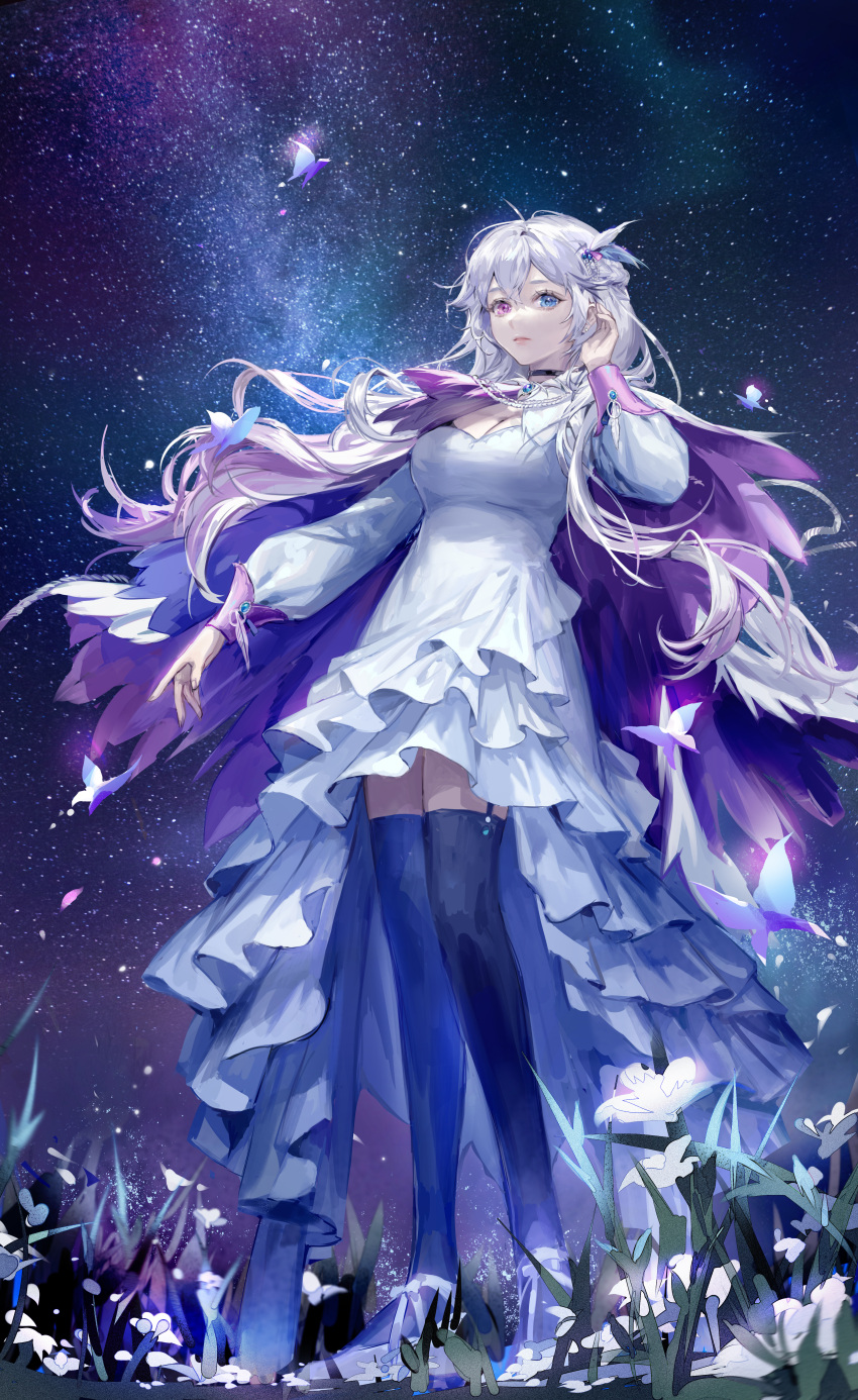 absurdres arm_at_side blue_eyes blue_thighhighs breasts chinese_commentary closed_mouth commentary commission copyright_request dress female garter_straps hand_up heterochromia high-low_skirt highres long_hair long_sleeves looking_at_viewer medium_breasts night night_sky purple_eyes purple_theme sky solo standing star_(sky) starry_sky thighhighs white_dress white_hair xi_liu