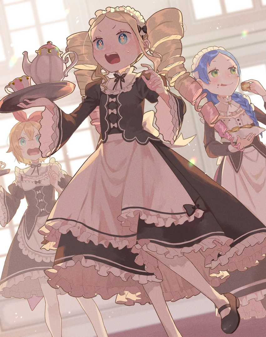 3girls apron beatrice_(re:zero) blonde_hair blue_eyes blue_hair butterfly-shaped_pupils commentary_request cup dress drill_hair eating eyelashes food food_on_face frills from_below green_eyes hair_ribbon highres holding long_hair long_sleeves maid maid_headdress meili_portroute multiple_girls open_mouth orange_hair pantyhose parupin petra_leyte re:zero_kara_hajimeru_isekai_seikatsu red_ribbon ribbon roswaal_mansion_maid_uniform shoes short_hair sweatdrop symbol-shaped_pupils teacup teapot teeth tongue tray twin_drills upper_teeth_only v-shaped_eyebrows waist_apron white_pantyhose