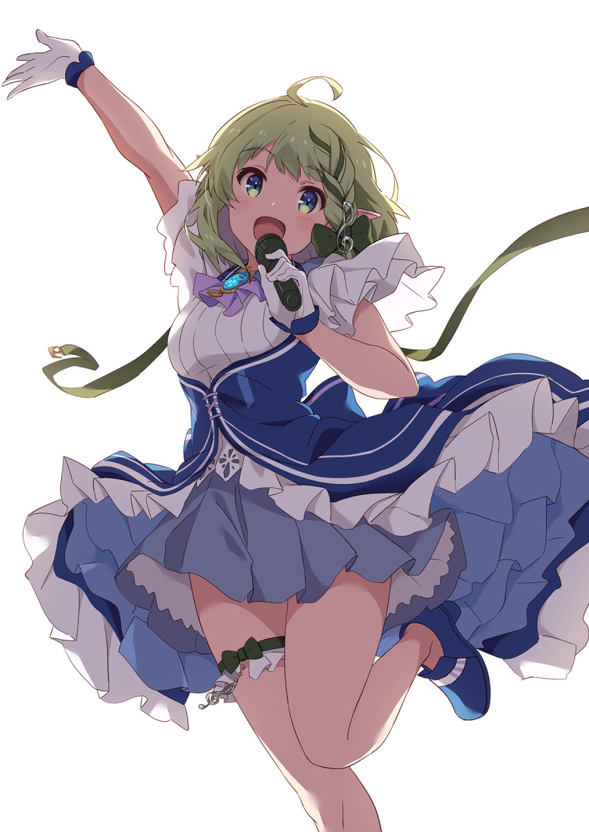 ahoge aria_project_2.0 arm_up blue_dress blue_eyes blue_footwear blush braid brooch cowboy_shot dress female gloves green_hair hair_ribbon hand_up highres holding holding_microphone jewelry looking_at_viewer microphone music narumi_nanami open_mouth pointy_ears ribbon senjou_aria short_dress side_braid simple_background singing single_braid smile solo standing standing_on_one_leg thigh_strap treble_clef treble_clef_hair_ornament virtual_youtuber white_background white_gloves