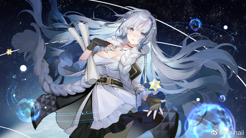 black_gloves blue_eyes blue_hair breasts chinese_commentary cleavage commentary_request cowboy_shot dress fei_(songyijie) female fingerless_gloves frilled_dress frills girls'_frontline girls'_frontline_neural_cloud gloves grey_hair hand_on_own_chest highres hubble_(neural_cloud) jewelry large_breasts long_hair looking_at_viewer multicolored_hair necklace orbital_path orbited solo space star_(sky) weibo_watermark wide_sleeves