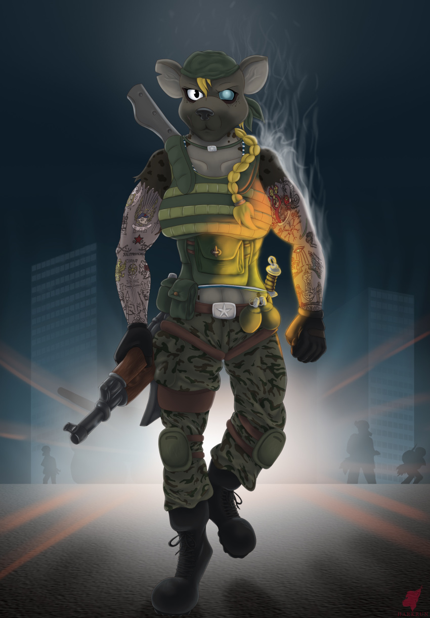 2020 absurd_res ak-47 ak_platform anthro armor army assault_rifle cave city digital_media_(artwork) explosives female grenade gun harkrun hi_res hyena knife machette mammal mercenary military muscular muscular_anthro muscular_female night plantigrade ranged_weapon rifle scar soldier solo tattoo warrior weapon yvette_novak