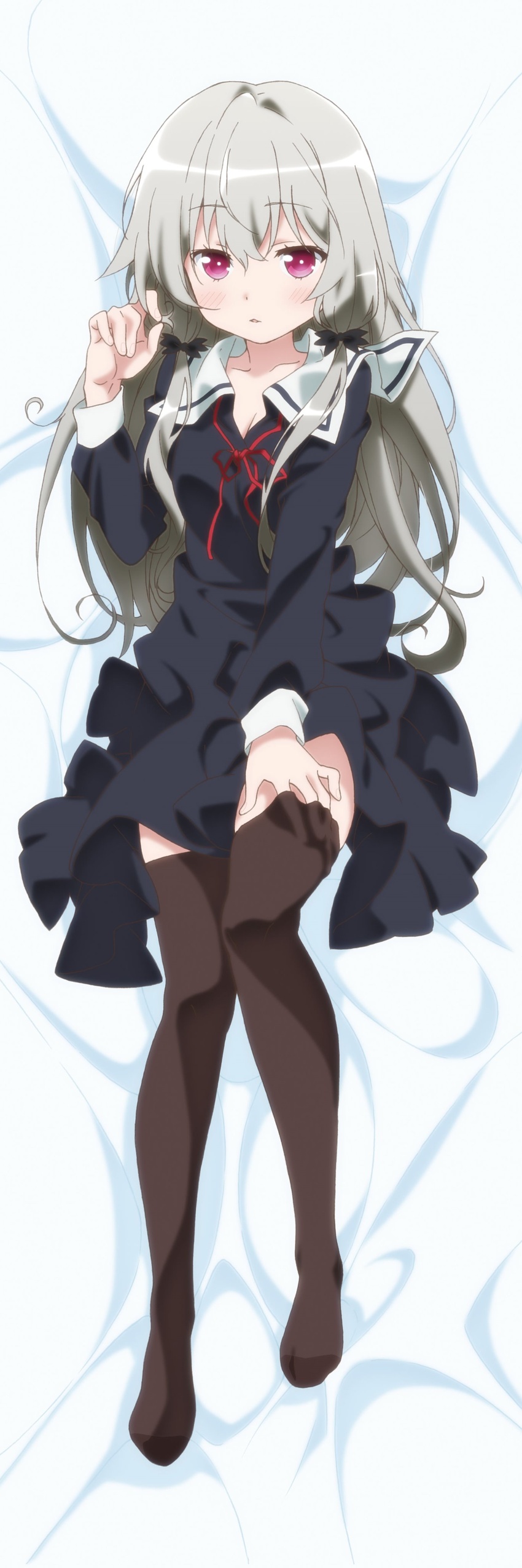 absurdres artist_request bad_id bad_yandere_id black_dress bolo_tie breasts cleavage clothes_lift collared_dress dakimakura_(medium) dress feet female grey_hair hair_between_eyes hair_ribbon highres long_hair ribbon skirt skirt_lift sleeve_cuffs sophie_twilight thighhighs tonari_no_kyuuketsuki-san tress_ribbon undressing very_long_hair