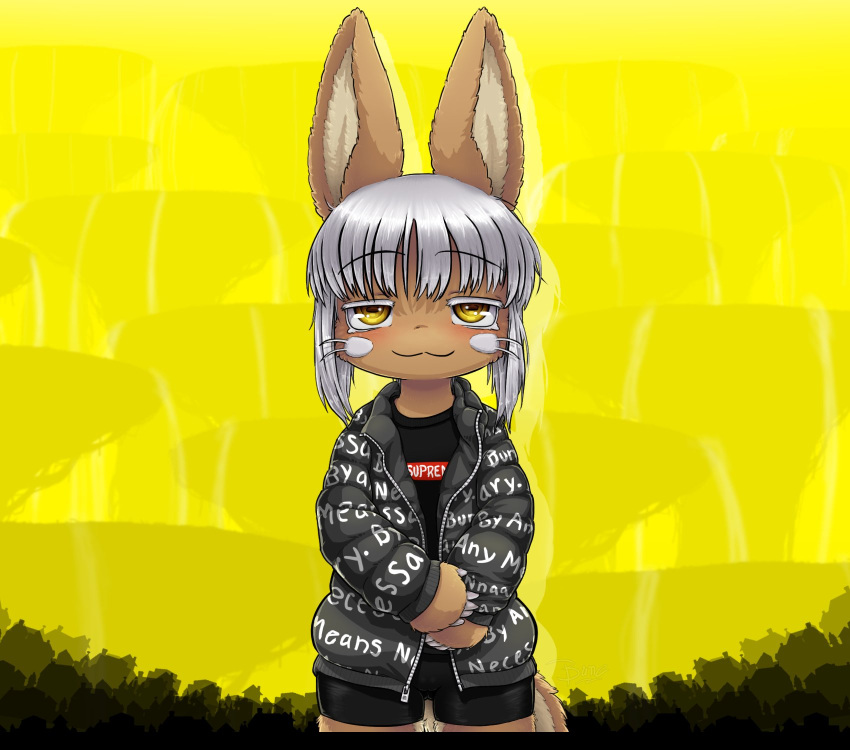 1other :3 animal_ears bike_shorts bune_poster clothes_writing drip_(meme) furry highres jacket long_sleeves looking_at_viewer made_in_abyss meme nanachi_(made_in_abyss) open_clothes shirt solo straight-on supreme_(brand) white_hair yellow_background