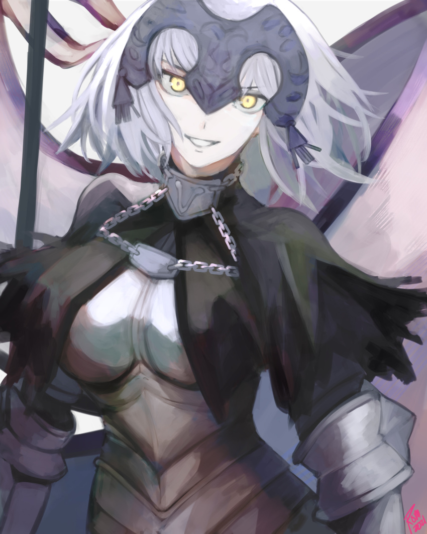 armor armored_dress breasts chains collar fate/grand_order fate_(series) female flag gauntlets grey_hair grin headpiece highres jeanne_d'arc_alter_(avenger)_(fate) jeanne_d'arc_alter_(fate) large_breasts looking_at_viewer metal_collar moedredd plackart polearm short_hair smile solo weapon yellow_eyes