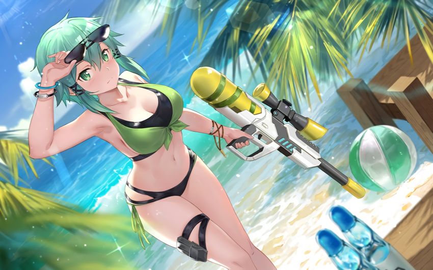 ball bikini clouds drink green_eyes green_hair hoshino_reyuki shinon_(sao) sky sunglasses swimsuit sword_art_online waifu2x water