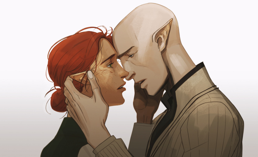 1boy bald cheetahman_(1ddghfr78cswc) dragon_age dragon_age:_inquisition elf eye_contact facial_tattoo female freckles from_side green_eyes hair_bun hand_on_another's_face imminent_kiss inquisitor_(dragon_age) looking_at_another parted_lips pointy_ears red_hair shirt single_hair_bun solas straight tattoo white_background