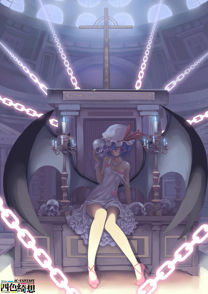 alternate_costume bare_shoulders bat_wings blue_hair candle chains character_name chinese_commentary commentary_request cross female greek_text high_heels highres jewelry legs long_legs madyy miserable_fate necklace off_shoulder photoshop_(medium) pointy_ears ranguage red_eyes remilia_scarlet shoes short_hair sitting skirt skull skull_necklace solo strap_slip thighs touhou white_skirt wings