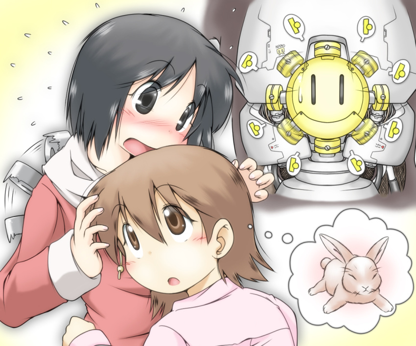 2girls aioi_yuuko android black_eyes black_hair blush brown_eyes brown_hair commentary_request cross_section flying_sweatdrops gaketsu gradient_background hood hoodie kamakura_(nichijou) multiple_girls nichijou rabbit shinonome_nano short_hair thought_bubble winding_key