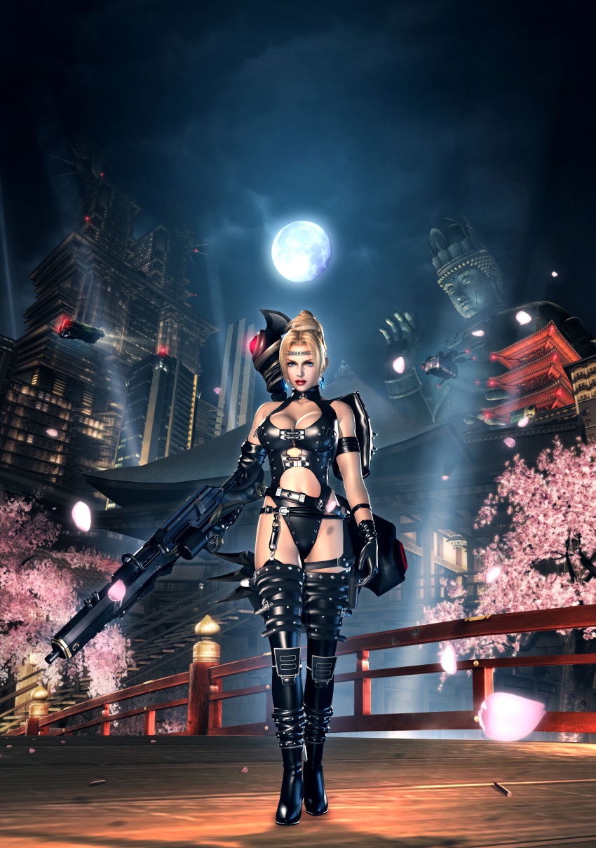 3d absurdres arm_bands armband blonde_hair blue_eyes breasts bridge buckle_straps cg cherry_blossoms circlet city cleavage_cutout female garter_belt gloves gun high_heels highres key_hole_neck_line key_hole_neck_line_top large_breasts latex leather leather_armor leotard machine_gun moon ninja_gaiden ninja_gaiden_2 ninja_gaiden_sigma_2 official_art one-piece_swimsuit rachel_(ninja_gaiden) shoes short_hair shoulder_pads solo spiked_spaulders statue strap studded_leather swimsuit thighhighs warhammer weapon