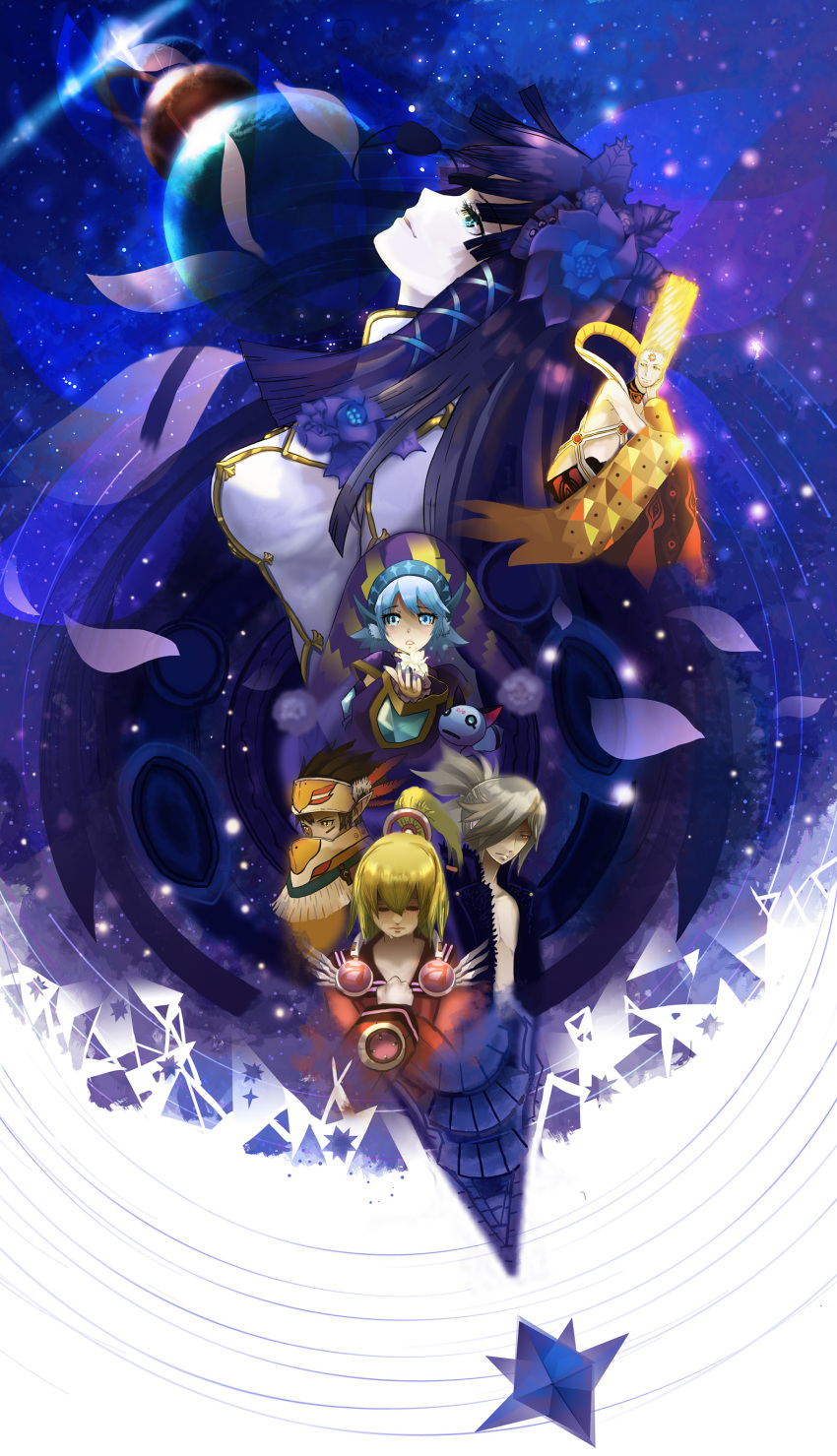 3boys 3girls absurdres breasts character_request commentary_request highres kanipanda long_hair looking_at_viewer medium_breasts multiple_boys multiple_girls phantasy_star phantasy_star_portable_2 phantasy_star_portable_2_infinity photoshop_(medium) planet short_hair sky star_(sky) starry_sky