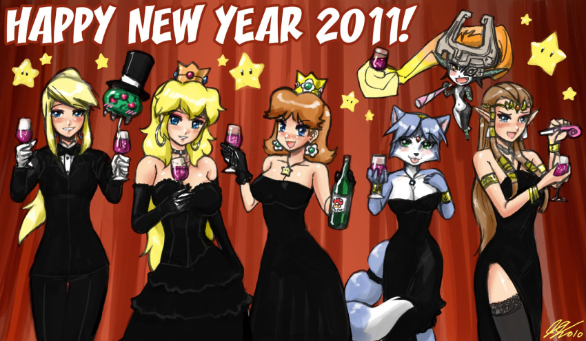 2011 6+girls :p alcohol armlet bare_shoulders black_dress blonde_hair blue_eyes blue_hair bottle bow bowtie bracelet breasts brown_hair choker cleavage commentary company_connection crossover cup dress drinking_glass earrings elbow_gloves english_commentary formal furry furry_female glass gloves jewelry john_joseco krystal lace lace-trimmed_legwear lace_trim long_hair looking_at_viewer mario_(series) medium_breasts metroid metroid_(creature) midna multiple_crossover multiple_girls new_year pant_suit pants party_horn pendant photoshop_(medium) princess_daisy princess_peach princess_zelda samus_aran short_hair signature smile star_(symbol) star_fox star_fox_adventures suit tail the_legend_of_zelda the_legend_of_zelda:_twilight_princess thighhighs tongue tongue_out traditional_bowtie wine wine_glass