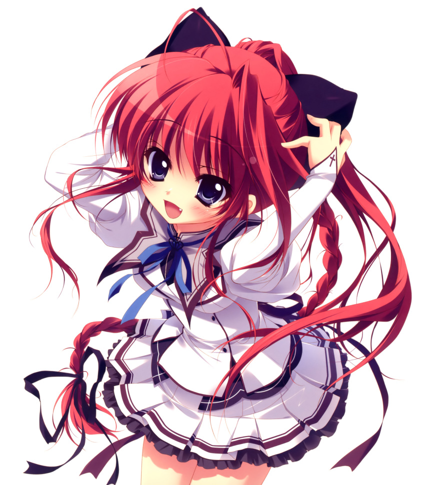 absurdres animal_ears blue_eyes blush braid cat_ears female highres inui_sana izumi_tsubasu long_hair long_sleeves mashiroiro_symphony oerba_yun_fang open_mouth red_hair simple_background single_hair_intake skirt solo white_background