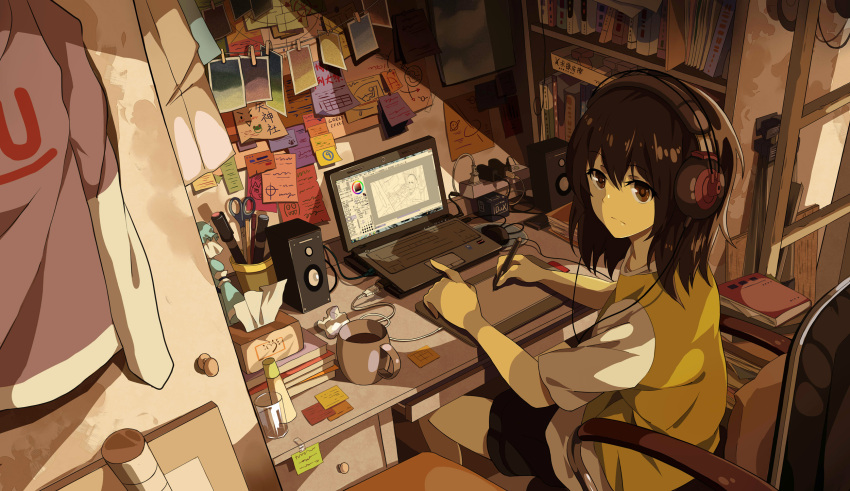 bedroom black_hair book bookshelf brown_eyes chair commentary_request computer computer_mouse cup desk drawing_tablet female headphones highres holding holding_stylus indoors laptop loaded_interior neko_(yanshoujie) original painttool_sai photoshop_(medium) recursion saigyouji_yuyuko scissors sepia short_hair sitting solo speaker stylus tissue_box touhou