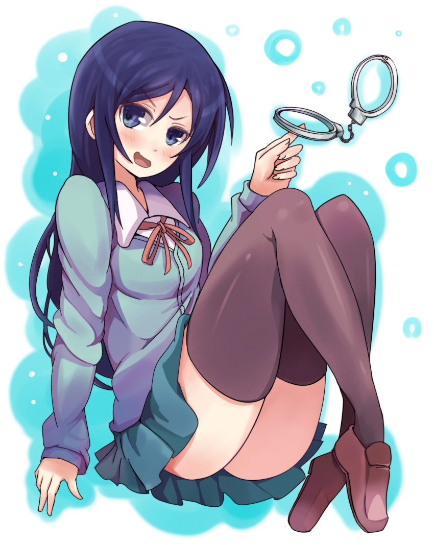 aragaki_ayase ariaridoradora black_hair blue_eyes commentary_request cuffs female handcuffs highres long_hair ore_no_imouto_ga_konna_ni_kawaii_wake_ga_nai school_uniform