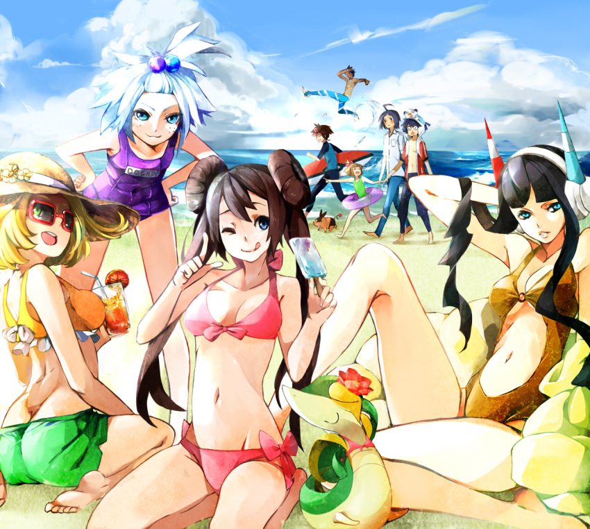 5girls alternate_costume ass banned_artist beach bel_(pokemon) belly bikini blood breasts cheren_(pokemon) flower freckles gen_5_pokemon homika_(pokemon) hue's_sister hue_(pokemon) kamitsure_(pokemon) kyouhei_(pokemon) medium_breasts mei_(pokemon) multiple_boys multiple_girls nosebleed o_o one-piece_swimsuit oshawott pokemon pokemon_(creature) pokemon_(game) pokemon_bw2 ribbon school_swimsuit shizui_(pokemon) snivy spinzaku swimsuit tepig tribute tropical_drink