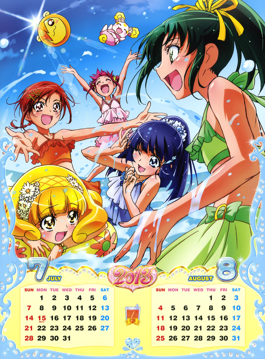 2013 5girls :d ;d absurdres aoki_reika august ball bikini blonde_hair blue_eyes blue_hair braid calendar_(medium) candy_(smile_precure!) closed_eyes creature flower frilled_bikini frills green_eyes green_hair hairband highres hino_akane_(smile_precure!) hoshizora_miyuki innertube july kawamura_toshie long_hair midorikawa_nao multiple_girls ocean official_art one_eye_closed open_mouth pink_hair ponytail pop_(smile_precure!) precure red_eyes red_hair smile smile_precure swim_ring swimsuit twintails water yayoi_kise yellow_eyes yellow_hairband