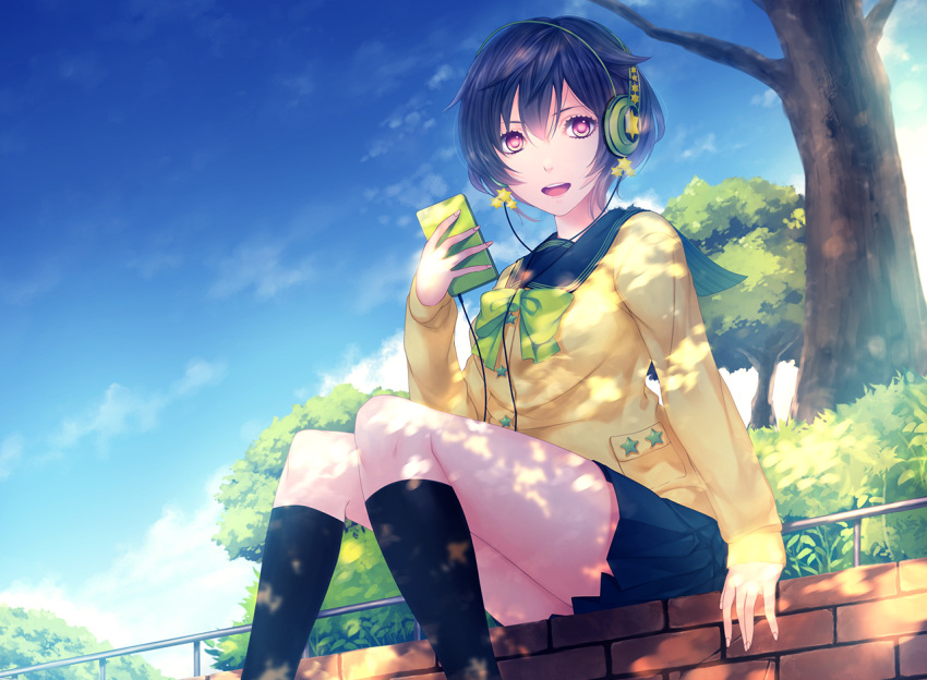 :d bad_id bad_pixiv_id black_hair brick_wall cellphone dappled_sunlight female headphones holding looking_at_viewer open_mouth original outdoors phone pink_eyes school_uniform short_hair sitting skirt smile solo star_(symbol) sunlight yoshimune_(b12f)