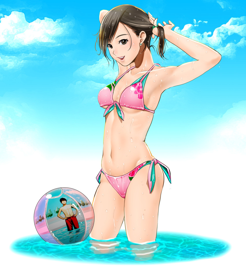 1boy adjusting_hair ball beachball bikini black_eyes black_hair cloud commentary_request day female floral_print front-tie_top hayakawa_pao highres navel original pink_bikini reflection short_hair side-tie_bikini_bottom sky standing swimsuit wading wet