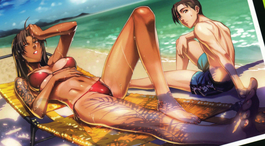 1boy absurdres barefoot beach bikini black_lagoon bra breasts brown_hair dark_skin feet female highres hiroe_rei large_breasts laying_down long_hair lying nail_polish orange_nails panties revy revy_(black_lagoon) rock short_hair summer swimsuit tan tattoo toes underwear