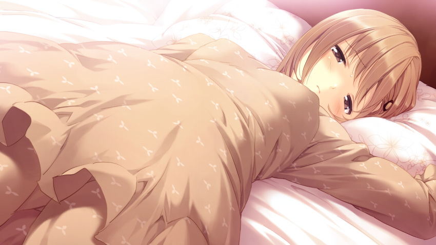 bed blush brown_hair female lying nanatsu_no_fushigi_no_owaru_toki on_bed pajamas pillow short_hair solo sweat toochika_misaki ueda_ryou