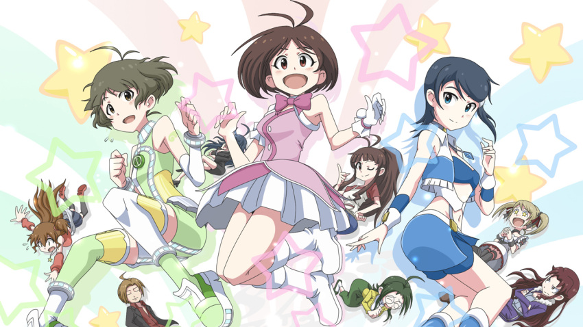 2boys 6+girls ahoge akizuki_ryo boots commentary_request cosmic_&_funny_(idolmaster) covering_face cute_&_girly_(idolmaster) dearly_stars_(idolmaster) everyone falling hidaka_ai hidaka_mai hige_(com) idolmaster idolmaster_dearly_stars jumping mizutani_eri multiple_boys multiple_girls okamoto_manami one_eye_closed otoko_no_ko ozaki_reiko producer_(idolmaster) sakurai_yumeko suzuki_ayane sweatdrop takeda_souichi thigh_boots thumbs_up