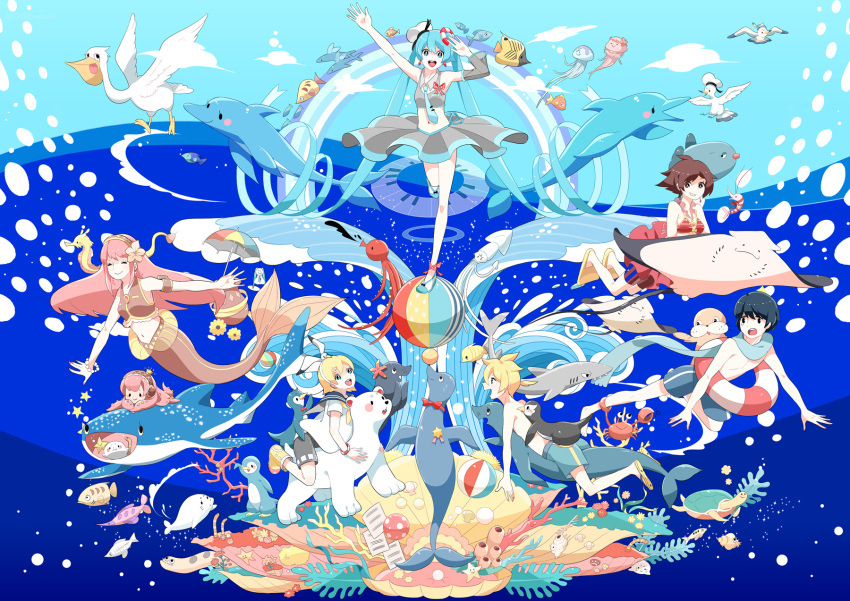 2boys 4girls animal aqua_eyes aqua_hair ball beachball bear bird blonde_hair blue_eyes blue_hair bracelet brown_eyes brown_hair chamooi clam commentary_request coral coral_reef crab crustacean dolphin eel fish flippers flying_fish hat hatsune_miku highres innertube jellyfish jewelry kagamine_len kagamine_rin kaito_(vocaloid) long_hair looking_at_viewer megurine_luka meiko_(vocaloid) mermaid monster_girl multiple_boys multiple_girls octopus open_mouth pelican penguin photoshop_(medium) piano_keys polar_bear sailor_hat seagull seahorse seal_(animal) shark short_hair shrimp skirt smile squid stingray sunfish swim_ring takoluka turtle twintails umbrella very_long_hair vocaloid walrus water whale_shark