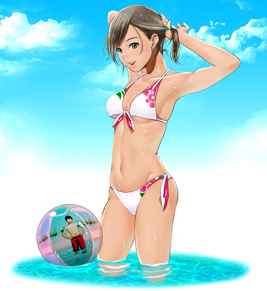 1boy adjusting_hair ball beachball bikini black_eyes black_hair cloud commentary_request day female floral_print front-tie_top hayakawa_pao highres navel original pink_bikini reflection short_hair side-tie_bikini_bottom sky standing swimsuit tan wading wet