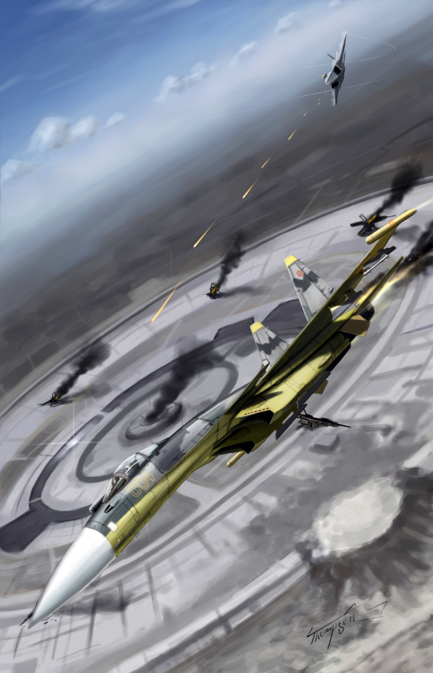 absurdres ace_combat ace_combat_04 aerial_battle aircraft airplane battle building cannon cloud commentary crater dogfight f-22_raptor fighter_jet fire firing highres in-universe_location jet military military_vehicle mobius_1 no_humans photoshop_(medium) pilot signature sky smoke stonehenge_turret_network su-37 thompson_(solowingfh) vehicle_focus yellow_4