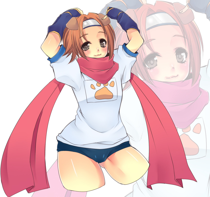 animal_ears arcana_heart arcana_heart_2 arcana_heart_3 arms_up brown_hair commentary_request dog_ears female headband highres konoha_(arcana_heart) miura_hajime red_scarf scarf short_hair solo tail