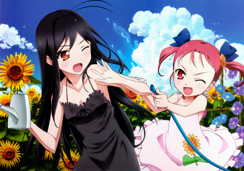 2girls accel_world artist_request bare_shoulders black_hair detexted dress flower hair_flower hair_ornament hair_ribbon highres kouzuki_yuniko kuroyukihime long_hair multiple_girls official_art one_eye_closed open_mouth outdoors red_eyes red_hair ribbon scan sundress sunflower third-party_edit twintails