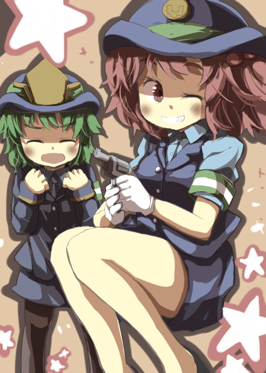 2girls ^_^ closed_eyes commentary_request cosplay female_service_cap gaoo_(frpjx283) green_hair grin gun hair_bobbles hair_ornament handgun hat highres multiple_girls one_eye_closed onozuka_komachi open_mouth pantyhose pencil_skirt police police_uniform policewoman red_eyes red_hair revolver shiki_eiki short_hair skirt smile star_(symbol) touhou two_side_up uniform weapon