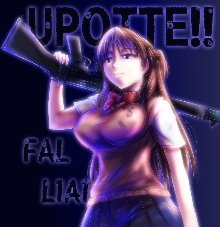 battle_rifle bow bowtie breasts brown_hair commentary_request fal_l1a1_(upotte!!) female fn_fal gun highres huge_breasts long_hair pleated_skirt purple_eyes rifle rpg-exen school_uniform skirt solo sweater_vest upotte!! weapon