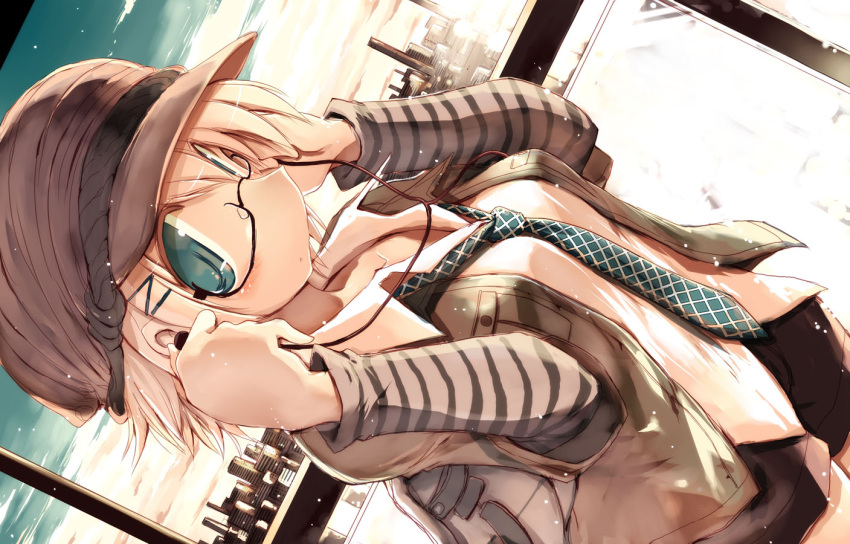 aqua_eyes backpack bag blush commentary_request earphones female glasses hat holding long_hair necktie original photoshop_(medium) sakaki_(noi-gren) shirt short_hair silver_hair solo striped