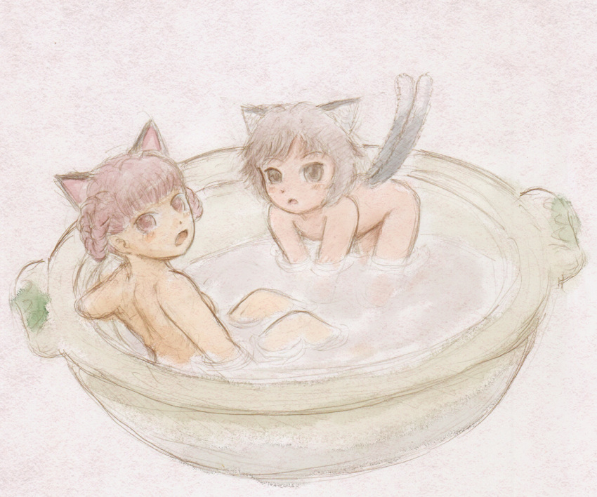 2girls animal_ears bad_id bad_pixiv_id bathing blush bowl brown_hair cat_ears cat_tail chen extra_ears hair_rings kaenbyou_rin multiple_girls multiple_tails neko_nabe no_headwear nude open_mouth red_eyes red_hair same-sex_bathing saraband shared_bathing tail touhou