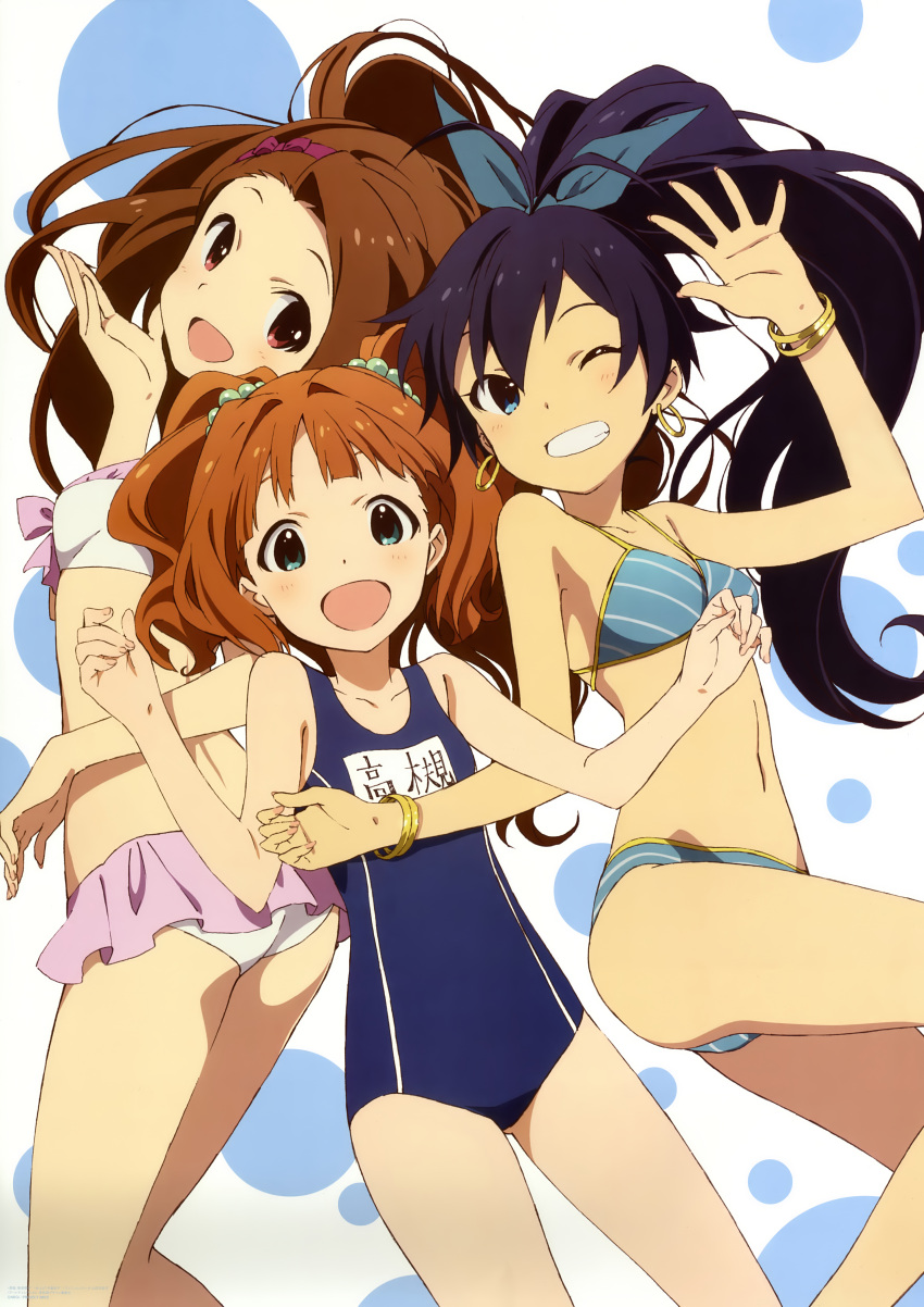 3girls :d ;d absurdres bikini black_hair bracelet breasts brown_hair casual_one-piece_swimsuit cleavage collarbone earrings flat_chest ganaha_hibiki grin high_ponytail highres hoop_earrings idolmaster idolmaster_(classic) iizuka_haruko jewelry long_hair medium_breasts minase_iori multiple_girls official_art one-piece_swimsuit one_eye_closed open_mouth ponytail scan school_swimsuit short_hair smile swimsuit takatsuki_yayoi very_long_hair