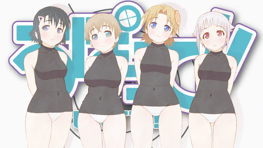 4girls anime_screenshot artist_request black_hair blonde_hair blue_eyes blush brown_hair fnc_(upotte!!) highres l85a1_(upotte!!) m16a4_(upotte!!) multiple_girls official_art one-piece_swimsuit red_eyes school_swimsuit sg550_(upotte!!) short_hair smile swimsuit upotte!! white_hair