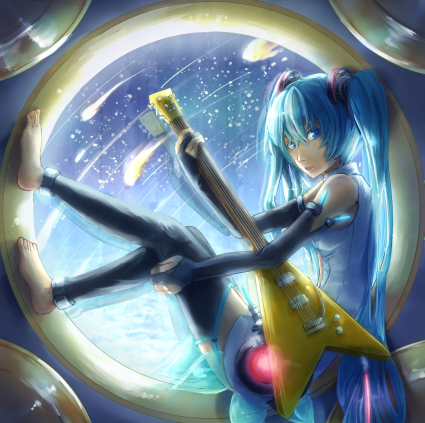 23ichiya anklet aqua_eyes aqua_hair bad_id bad_pixiv_id barefoot elbow_gloves female fingerless_gloves gloves guitar hatsune_miku hatsune_miku_(append) instrument jewelry long_hair solo very_long_hair vocaloid vocaloid_append