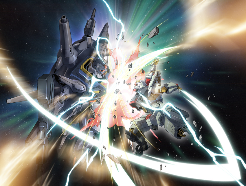 bad_id bad_pixiv_id battle beam_rifle beam_saber beam_weapon commentary_request damaged debris energy_gun energy_sword explosion glowing gun gundam gundam_seed gundam_seed_destiny no_humans photoshop_(medium) platin_(alios) providence_gundam space star_(sky) strike_freedom_gundam sword time_paradox weapon