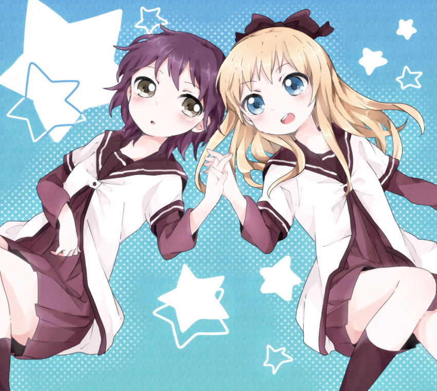 2girls bad_id bad_pixiv_id blonde_hair blue_eyes brown_eyes commentary_request funami_yui highres holding_hands interlocked_fingers layered_sleeves long_hair long_sleeves multiple_girls nanamori_school_uniform open_mouth prussian_blue school_uniform serafuku short_hair short_over_long_sleeves short_sleeves smile toshinou_kyouko yuru_yuri