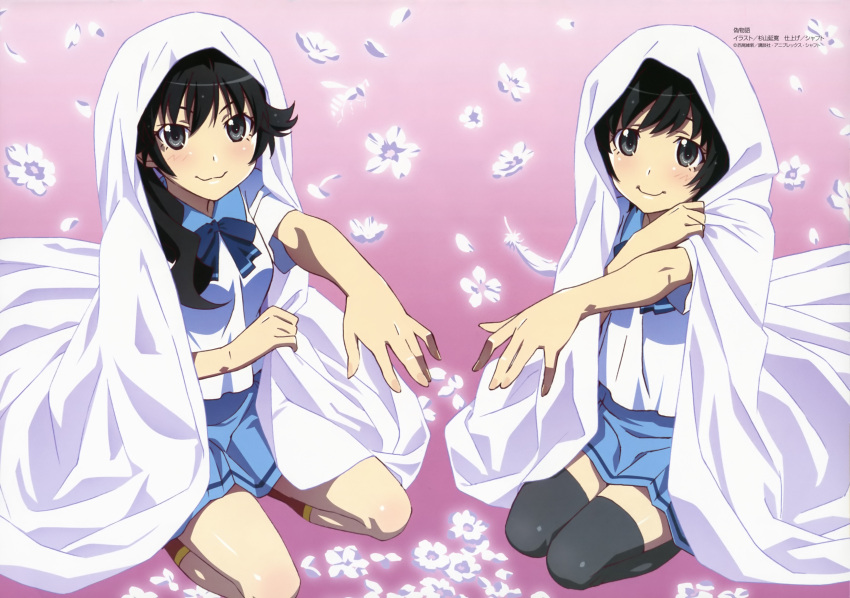 2girls absurdres araragi_karen araragi_tsukihi bed_sheet black_eyes black_hair black_legwear detexted feathers flower highres imageboard_desourced kneeling marriage_proposal megami_magazine monogatari_(series) multiple_girls nisemonogatari non-web_source official_art outstretched_hand ponytail school_uniform serafuku short_hair siblings side_ponytail sisters smile sugiyama_nobuhiro thighhighs third-party_edit tsuganoki_second_junior_high_school_uniform zettai_ryouiki