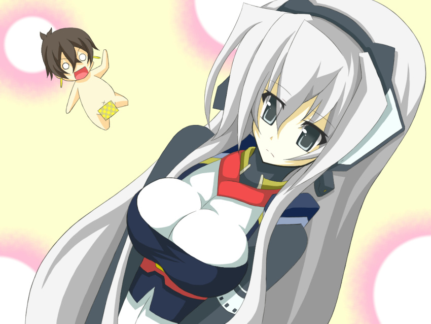 1boy aoi_toori bodysuit chibi female frown horizon_ariadust kyoukai_senjou_no_horizon kyoukaisenjou_no_horizon long_hair nude silver_eyes silver_hair