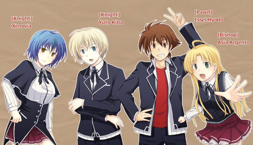 2boys 2girls ahoge asia_argento blonde_hair blue_hair brown_hair character_name english high_school_dxd hyoudou_issei jacket kiba_yuuto long_hair multiple_boys multiple_girls open_clothes open_jacket school_uniform short_hair skirt uniform v xenovia_(high_school_dxd) yuto_kiba zenovia_(high_school_dxd)