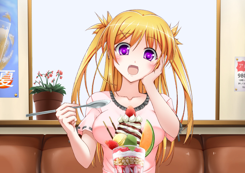 blonde_hair commentary_request female food highres ice_cream long_hair moeki_yuuta oerba_yun_fang original pocky purple_eyes sitting solo