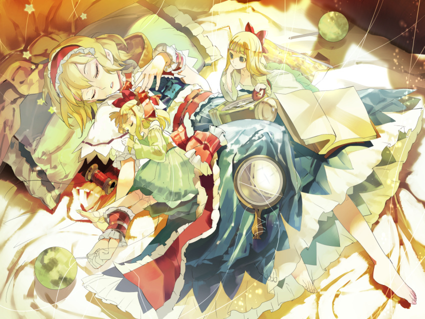 119 3girls alice_margatroid artistic_error barefoot blonde_hair blue_eyes book bow capelet closed_eyes commentary_request doll dress hairband hairbow hourai_doll long_hair lying mirror multiple_girls pillow ribbon shanghai_doll short_hair star_(symbol) string touhou wrist_cuffs