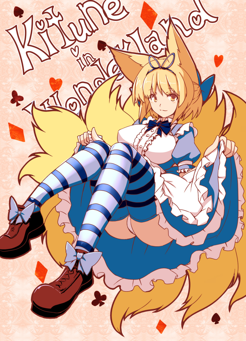 :3 alice_(alice_in_wonderland) alice_(alice_in_wonderland)_(cosplay) alice_in_wonderland alternate_headwear animal_ears artistic_error blonde_hair bow breasts brown_eyes commentary_request cosplay dearmybrothers dress female fox_ears fox_tail frills hairband highres large_breasts light_smile looking_at_viewer md5_mismatch multiple_tails no_headwear panties pantyshot shoes short_hair solo striped_clothes striped_thighhighs tail thighhighs touhou typo underwear white_panties yakumo_ran yellow_eyes