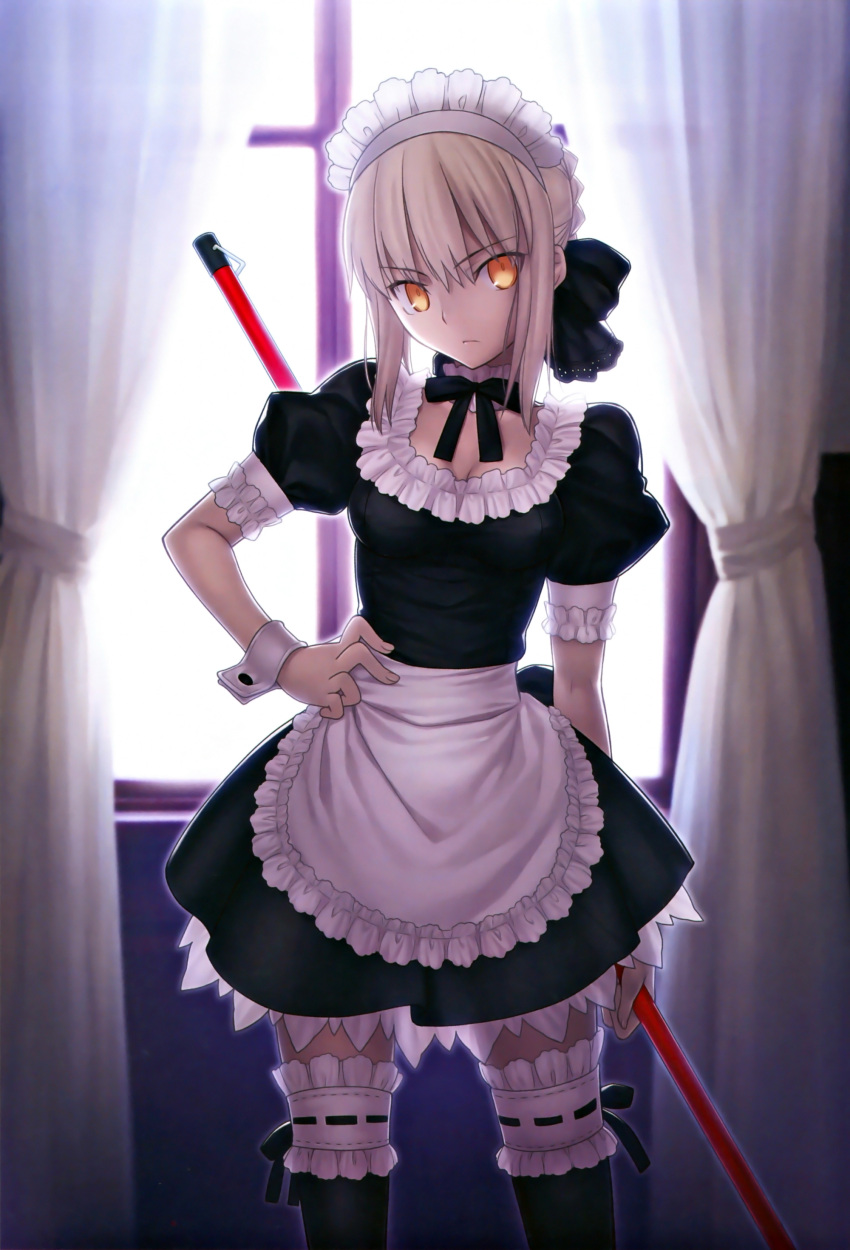 absurdres apron artoria_pendragon_(fate) black_thighhighs blonde_hair carnival_phantasm fate/stay_night fate_(series) female frilled_thighhighs frills hand_on_own_hip highres maid maid_headdress official_alternate_costume photoshop_(medium) puffy_sleeves saber_alter scan solo takeuchi_takashi thighhighs third-party_edit wrist_cuffs yellow_eyes zettai_ryouiki