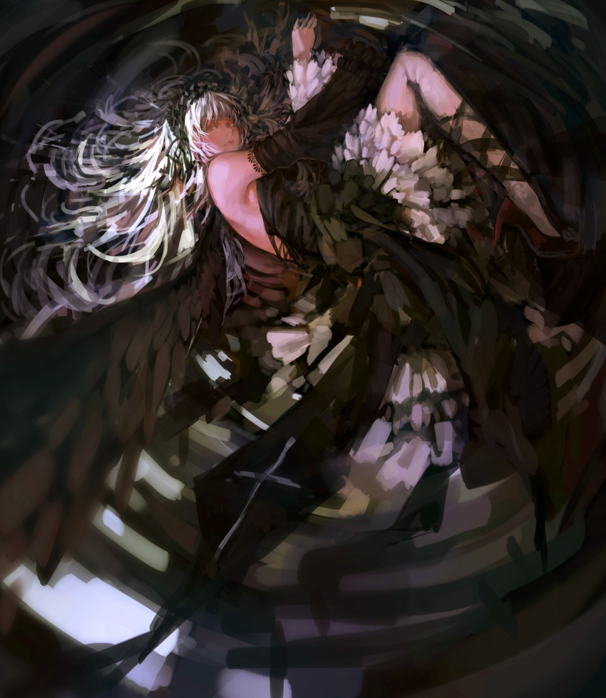 bad_id bad_pixiv_id bare_back blueman detached_sleeves dress female fetal_position full_body gothic_lolita hairband highres layered_skirt lolita_fashion long_hair lying on_side pantyhose plantar_flexion red_eyes rozen_maiden skirt solo suigintou white_hair white_pantyhose