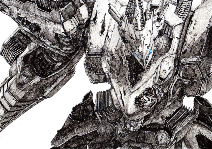 absurdres akira_(mydictionary) armored_core armored_core:_for_answer ballpoint_pen_(medium) commentary_request glowing glowing_eyes highres mecha mecha_focus no_humans robot science_fiction simple_background spot_color traditional_media white_background white_glint